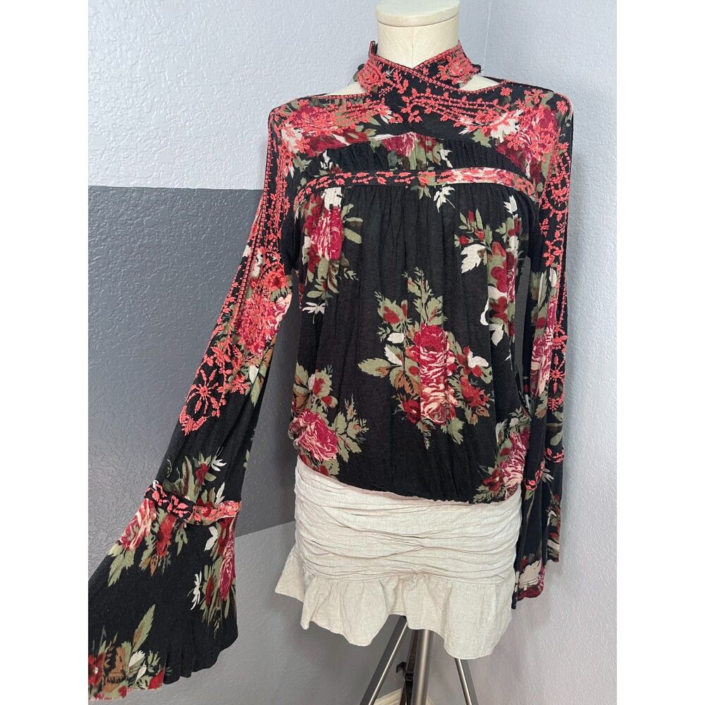 Free People Bainbridge Embroidered Cold Shoulder Bell Sleeve Blouse Medium Black